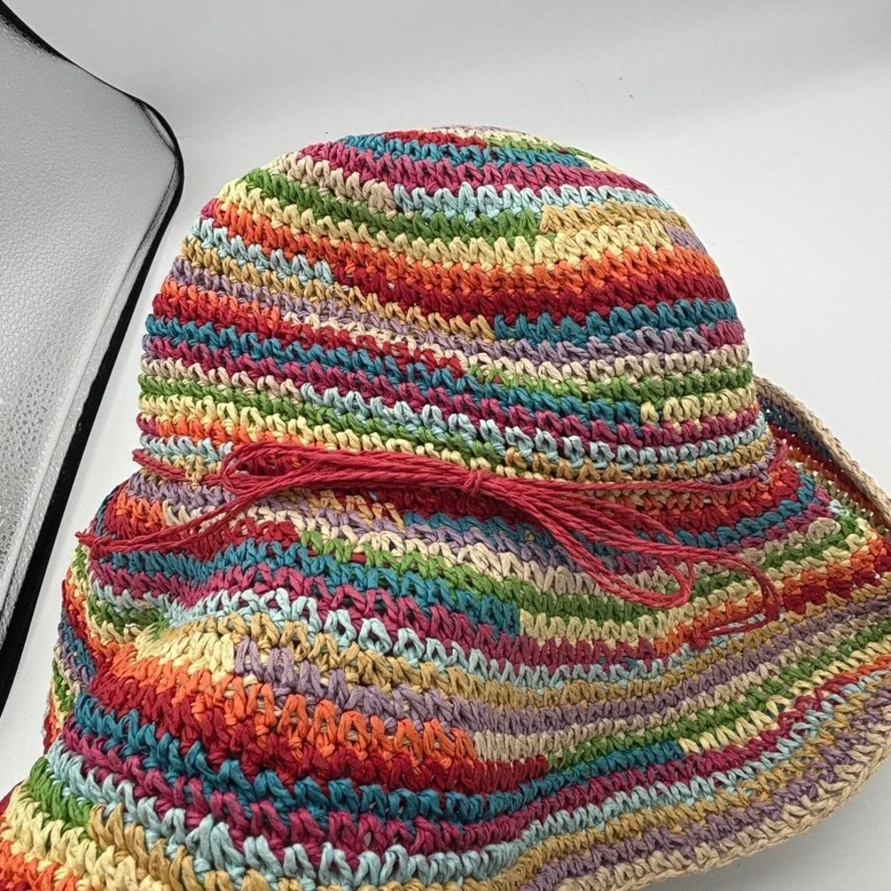 Womens Rainbow Crochet Straw Sun Hat Multicolor Raffia Beach Resort Boho Garden